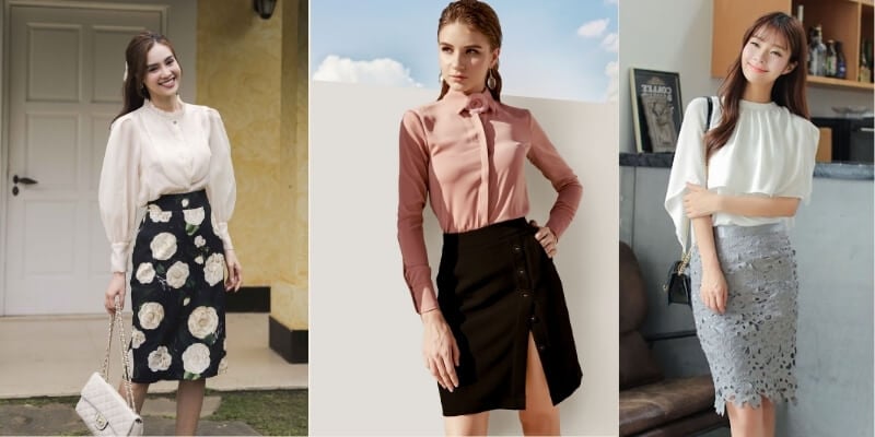 Ba người phụ nữ mặc trang phục công sở với áo sơ mi và váy, đứng trong các bối cảnh khác nhau.