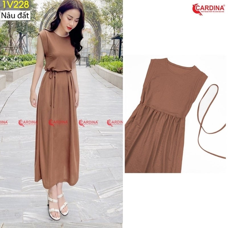 Người mẫu mặc váy dài màu nâu đất, có dây thắt lưng. Hình ảnh chi tiết váy bên cạnh.