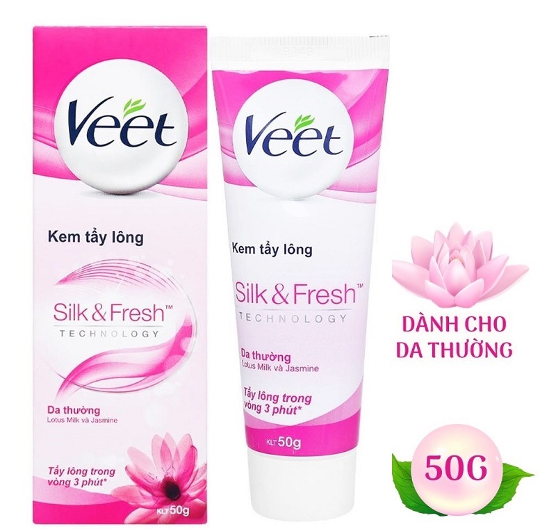 d0cb2d32-review-kem-tay-long-veet-3 Hộp và tuýp kem tẩy lông màu hồng, thương hiệu Veet, dành cho da thường, dung tích 50g.