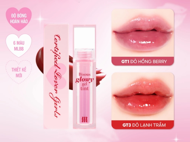 d1007628-son-merzy-mau-nao-dep-nhat-25 Son bóng gel tint với hai màu sắc khác nhau, Đỏ Hồng Berry và Đỏ Lạnh Trầm, trên nền hồng.