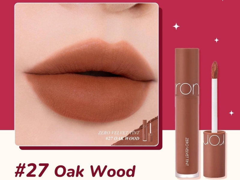 d2ca814b-son-mau-cam-dat-dep-3 Son môi màu nâu đất, mã #27 Oak Wood, với hình ảnh đôi môi và sản phẩm son dạng lỏng.