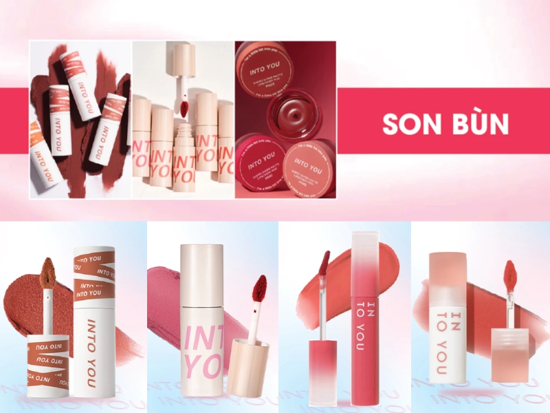 Hình ảnh các loại son bùn với nhiều thiết kế và màu sắc khác nhau trên nền hồng nhạt.