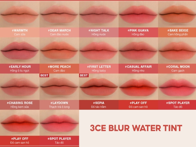d3c262b3-son-li-lau-troi-14 Bảng màu son môi 3CE Blur Water Tint với nhiều sắc thái từ cam, hồng đến đỏ, hiển thị trên môi người mẫu.