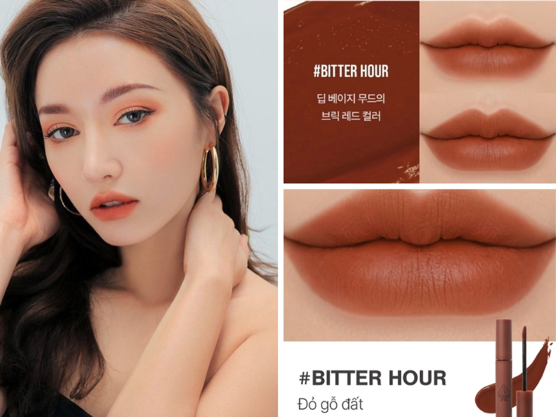 d735ec07-son-mau-do-dat-dep-18 Người mẫu trang điểm với son màu đỏ gỗ đất, kèm ảnh cận cảnh đôi môi và sản phẩm son môi.