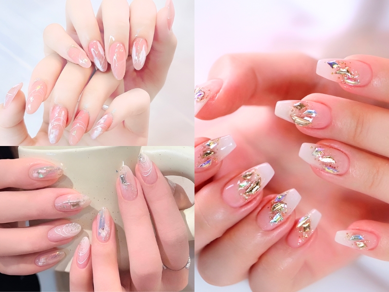 Bộ móng tay được trang trí với họa tiết và màu sắc đa dạng, tạo hiệu ứng lấp lánh và tinh tế.