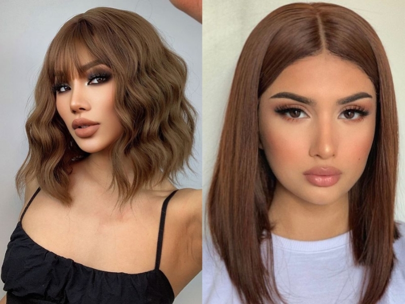 Hai người với kiểu tóc khác nhau: tóc ngắn xoăn và tóc dài thẳng. Cả hai đều trang điểm nhẹ.