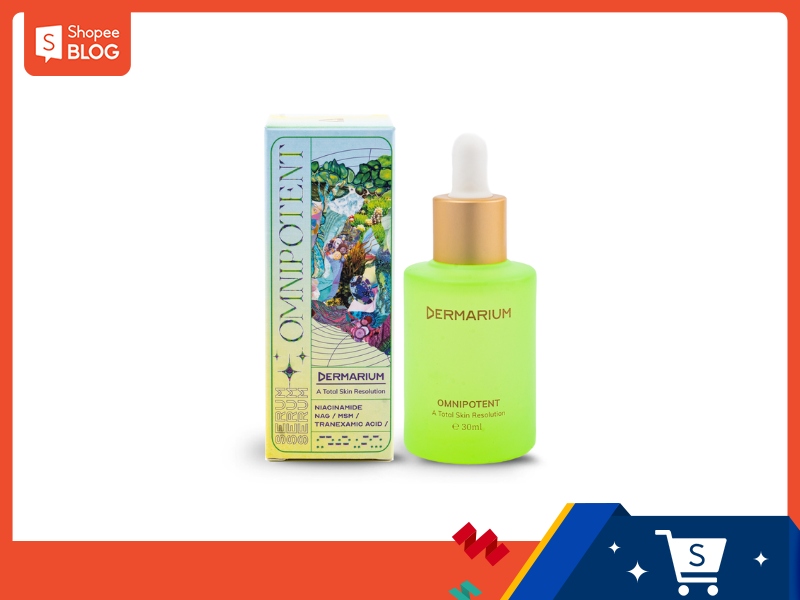 Chai serum màu xanh lá cây với hộp đựng có thiết kế nghệ thuật, nền trắng.