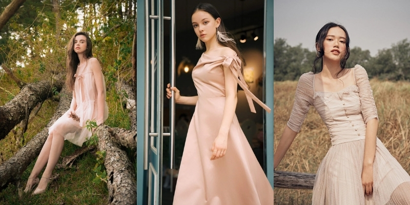 Ba người mặc váy màu hồng nhạt, tạo dáng trong các bối cảnh tự nhiên và trong nhà khác nhau.