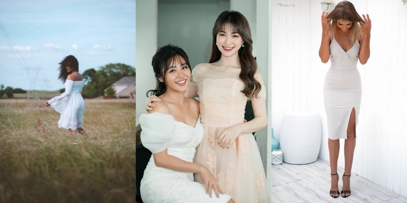 Ba bức ảnh: người mặc váy trắng trong đồng cỏ, hai người chụp chung trong nhà, người mặc váy trắng đứng trong phòng sáng.