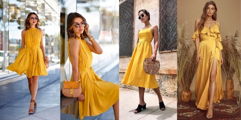 Bốn người mặc váy vàng kiểu dáng khác nhau, đứng tạo dáng ở các bối cảnh khác nhau.