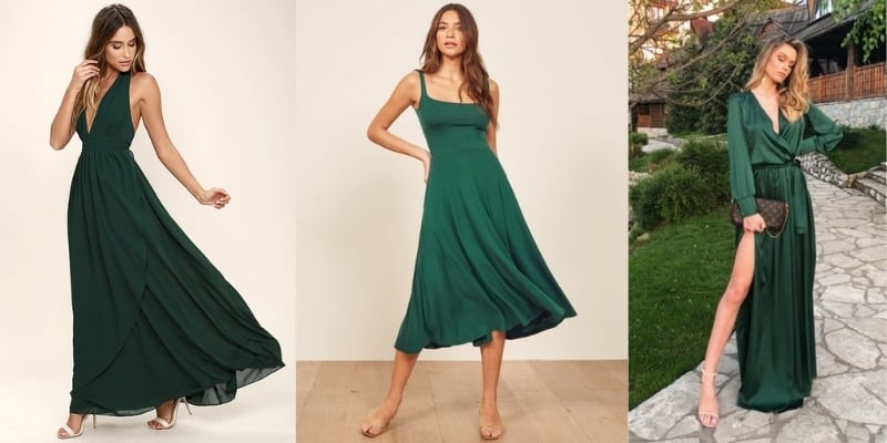 Ba người mặc váy xanh lá cây kiểu dáng khác nhau; một váy xẻ tà, một váy hai dây, và một váy dài tay.
