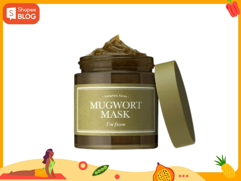 da058f60-16 Hũ mặt nạ dưỡng da màu nâu với nắp mở, nhãn dán có chữ "Mugwort Mask" và "I'm from".