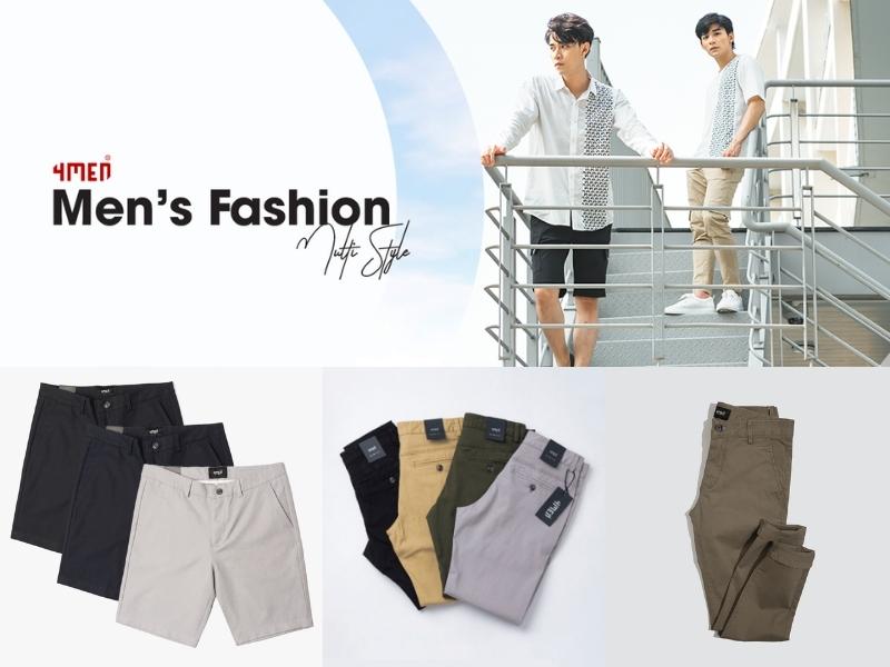 Thời trang nam với quần short và dài đa màu sắc, hai người đứng trên cầu thang, nền trắng và xanh.