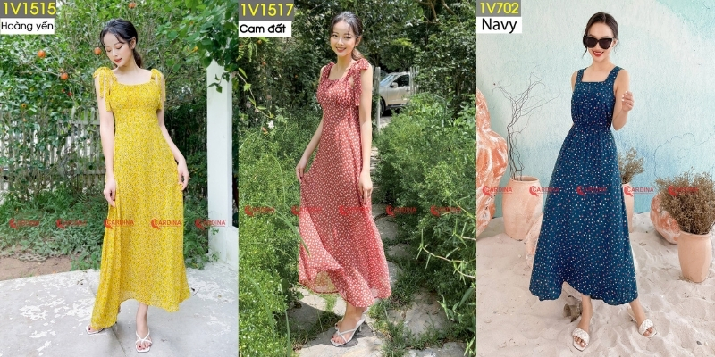 Ba người mặc váy dài màu vàng, cam đất và xanh navy, đứng tạo dáng trong các bối cảnh ngoài trời khác nhau.