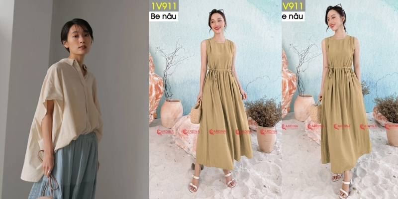 Người mẫu mặc trang phục thời trang với váy maxi màu nâu và áo sơ mi rộng, cầm túi xách.