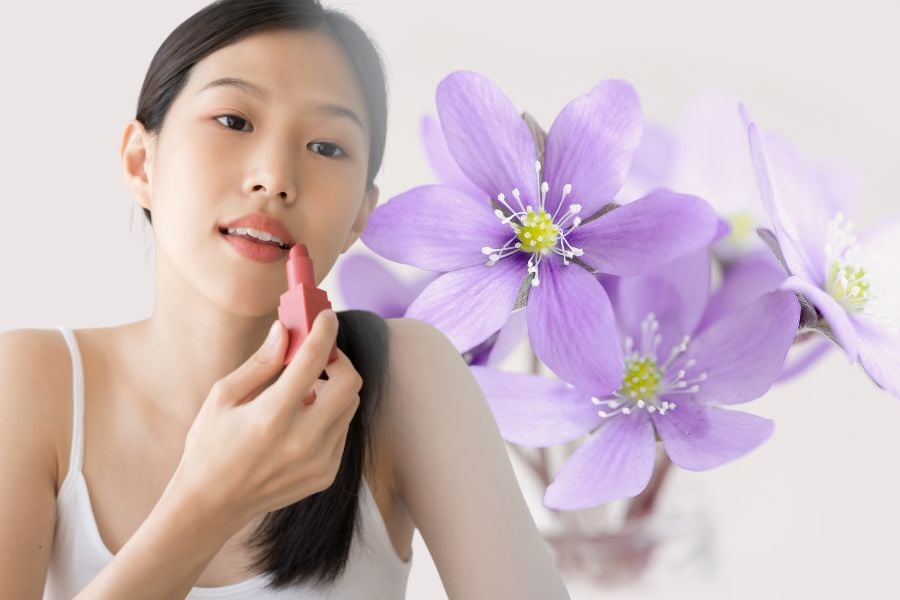 Người đang thoa son môi màu hồng, nền là những bông hoa tím tươi sáng.