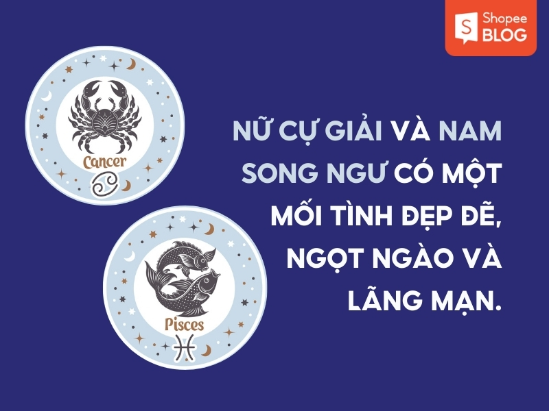 Biểu tượng cung Cự Giải và Song Ngư, cùng dòng chữ về mối tình lãng mạn, nền xanh đậm.