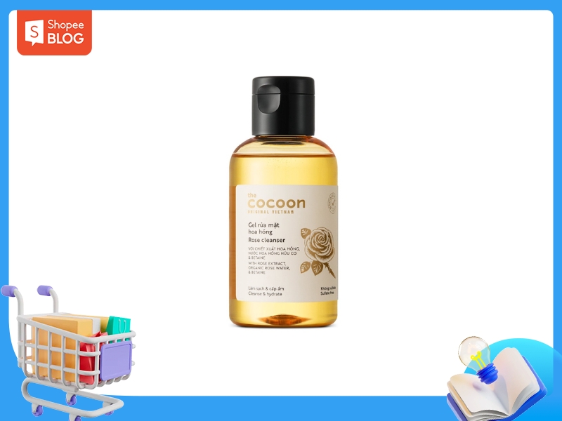 df4360c6-sua-rua-mat-cho-da-hon-hop-thien-kho-16 Chai gel rửa mặt màu vàng nhãn hiệu Cocoon với nắp đen, có hình hoa hồng trên nhãn.