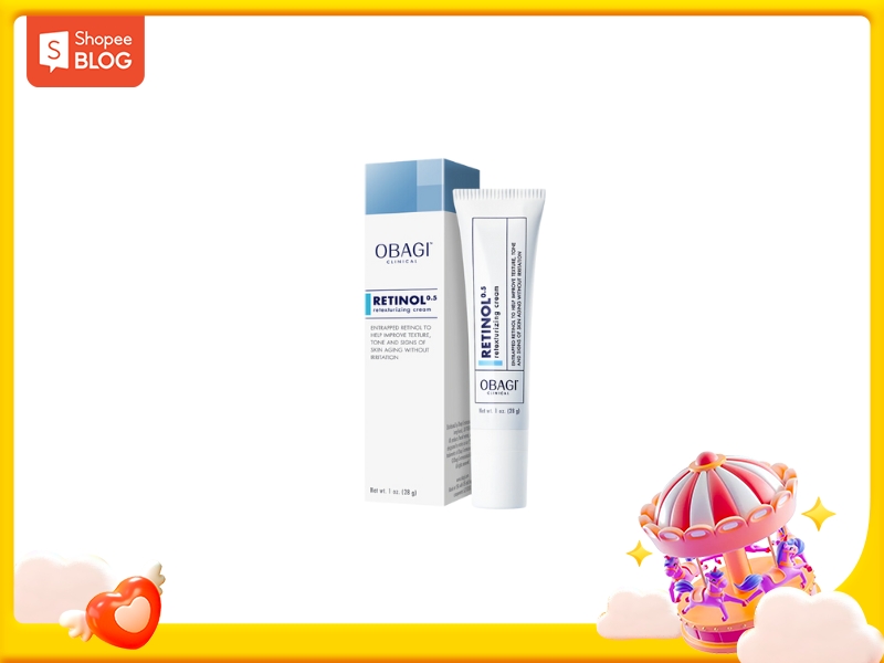 e0e4a592-kem-chong-lao-hoa-cho-tuoi-30-6 Hộp và tuýp kem dưỡng da Retinol Obagi trên nền trắng, viền trang trí màu vàng và biểu tượng Shopee Blog.
