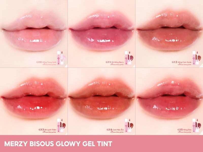 e20dd90f-son-merzy-mau-nao-dep-nhat-24 Hình ảnh các màu son gel tint Merzy Bisous Glowy trên đôi môi, gồm sáu sắc thái khác nhau.