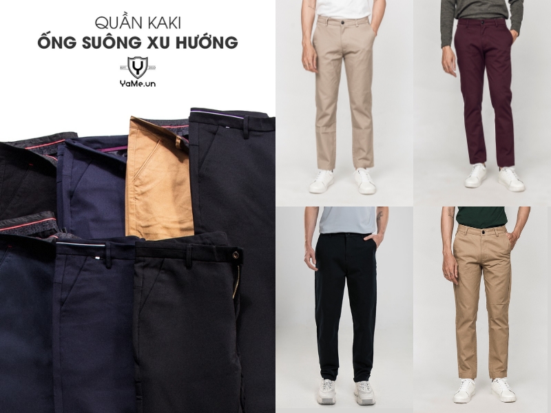 Quần kaki ống suông với nhiều màu sắc khác nhau được trưng bày, có người mẫu mặc thử một số mẫu.