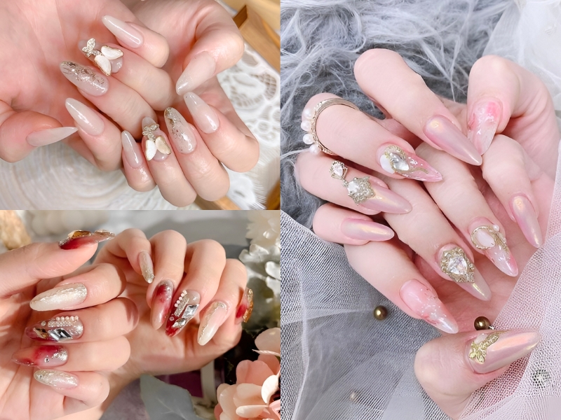 Bộ ba hình ảnh móng tay nghệ thuật với các thiết kế đa dạng và phụ kiện trang trí lấp lánh.