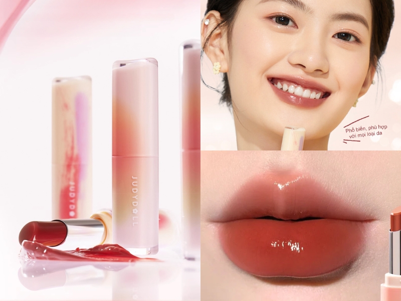 e3250221-mau-son-danh-cho-hoc-sinh-cap-2-21 Son môi màu đỏ và hồng, kèm hình ảnh một người đang mỉm cười và cận cảnh đôi môi tô son bóng.