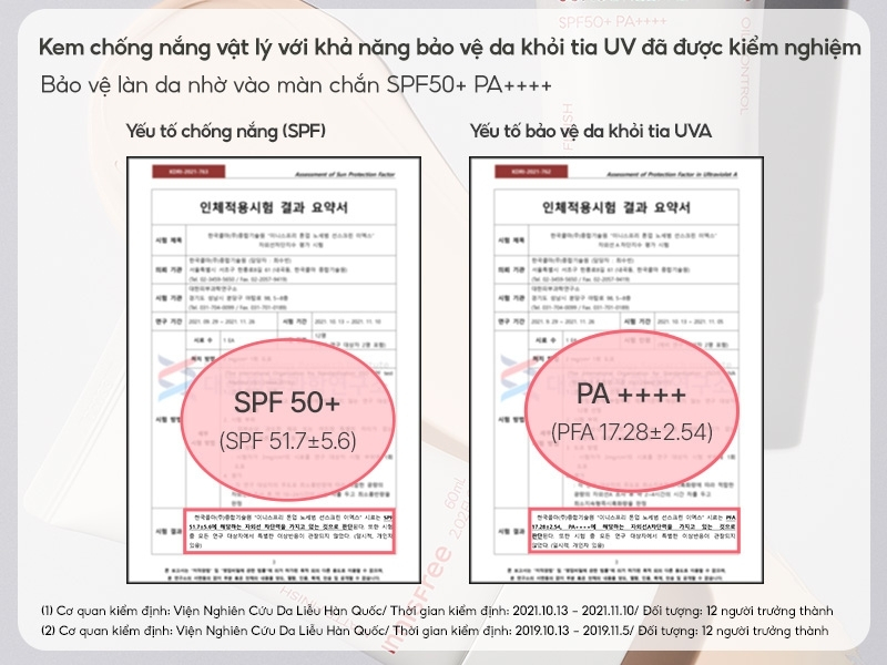 e52853a3-review-kem-chong-nang-nang-tone-innisfree-7 Hình ảnh thể hiện thông số chống nắng SPF 50+ và PA++++ trên tài liệu kiểm nghiệm sản phẩm.
