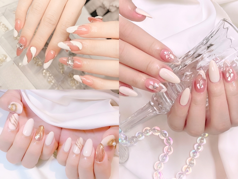 Bộ ba hình ảnh thiết kế móng tay nghệ thuật với họa tiết và màu sắc đa dạng trên nền trắng và hồng.