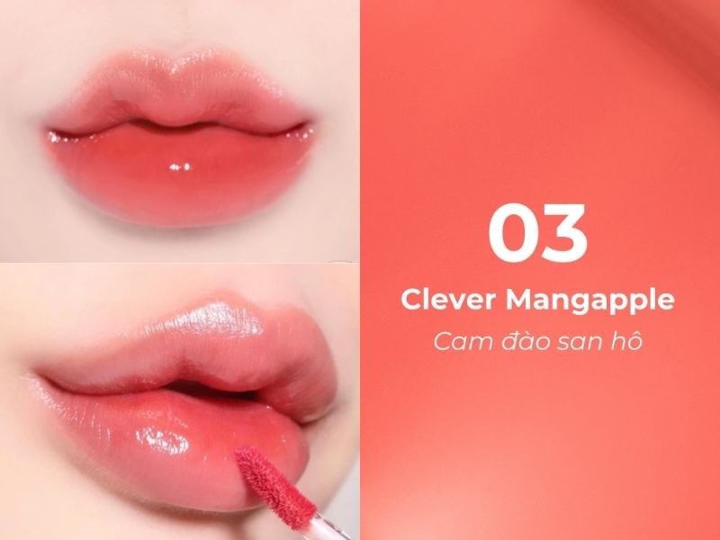 e7eb4d80-son-mau-san-ho-dep-7 Hình ảnh son môi màu cam đào san hô, kèm mã màu 03 và tên sản phẩm "Clever Mangapple".