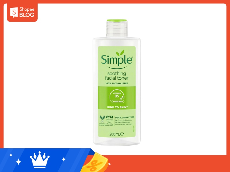 Chai toner dưỡng da Simple, dung tích 200ml, nhãn xanh lá, không cồn, phù hợp mọi loại da.