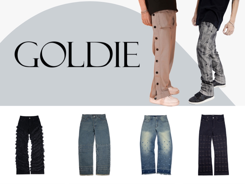 Hình ảnh quảng cáo các mẫu quần thời trang đa dạng, gồm quần dài và quần jeans, với thiết kế và màu sắc phong phú.