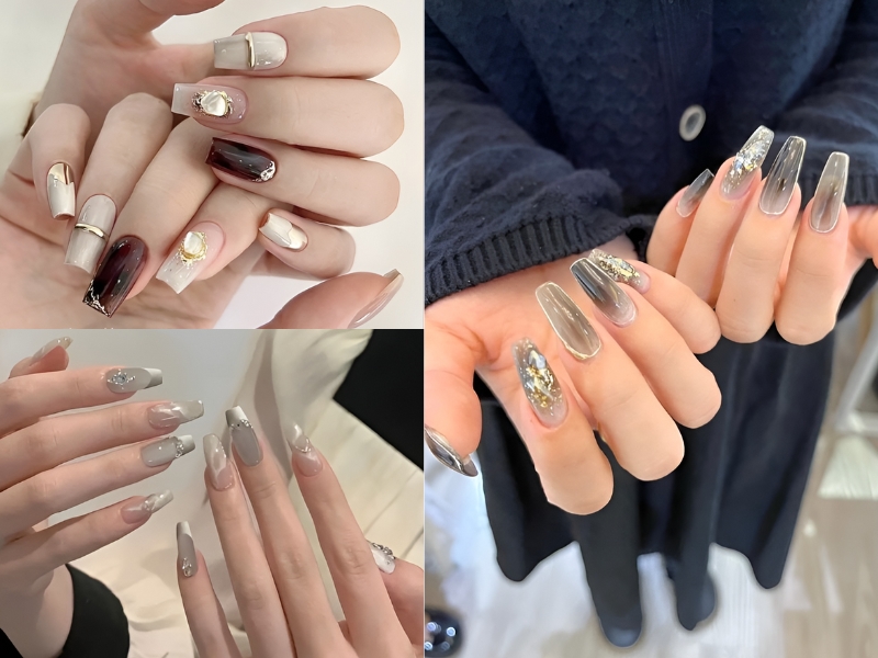 Bộ sưu tập móng tay được trang trí với nhiều màu sắc và hoa văn khác nhau, từ tông trầm đến ánh kim lấp lánh.
