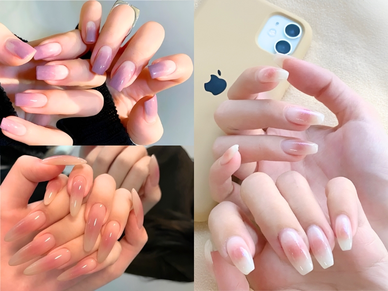 Bộ ba hình ảnh móng tay sơn màu hồng nhạt với nhiều hình dáng và độ dài khác nhau.
