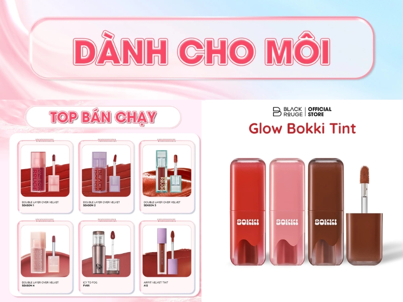 Hình ảnh quảng cáo son môi với các sản phẩm nổi bật và thiết kế bao bì đa dạng, nhãn hiệu nổi bật.