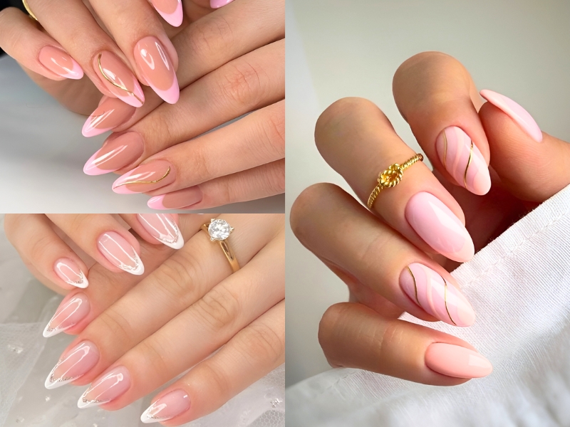 Các móng tay được trang trí đa dạng với màu sắc và họa tiết tinh tế, kết hợp nhẫn vàng và kim cương.