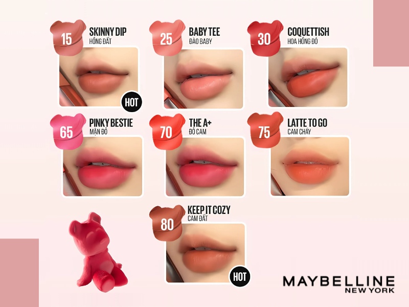 f1b9250b-review-son-maybelline-9 Bảng màu son với sáu sắc thái khác nhau và một tượng hình gấu màu đỏ ở góc dưới bên trái.
