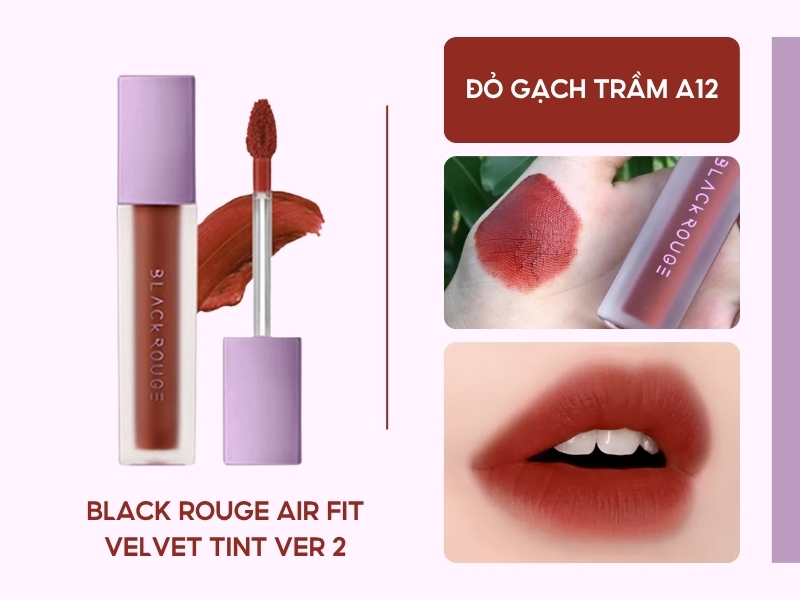 Son Black Rouge Air Fit Velvet Tint Ver 2 màu đỏ gạch, hình swatch trên tay và môi.