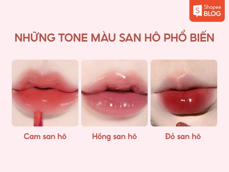 f4dfbff0-son-mau-san-ho-dep-2 Ba hình ảnh đôi môi với các tông màu son san hô: cam, hồng và đỏ, trên nền hồng nhạt.