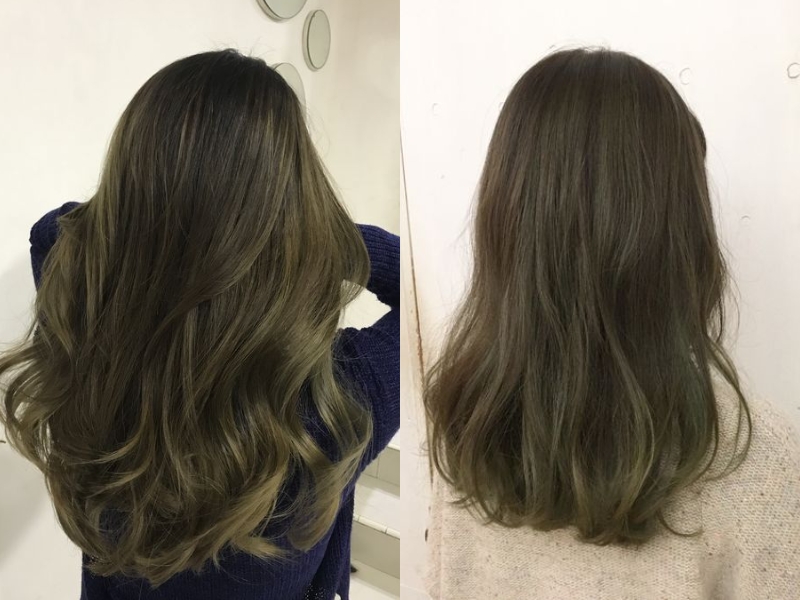 Mái tóc dài màu nâu, kiểu uốn xoăn nhẹ, được chụp từ phía sau trong hai bối cảnh khác nhau.