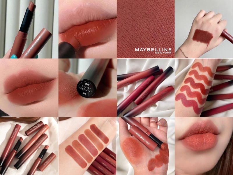 fa267f34-review-son-maybelline-18 Hình ảnh các thỏi son màu nâu đỏ, được thử trên môi và tay, cùng các mẫu màu kẻ trên da.
