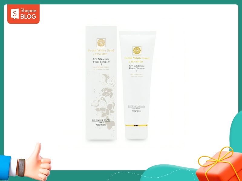 fa593883-sua-rua-mat-cho-da-kho-nhay-cam-3 Hộp và tuýp sữa rửa mặt làm trắng da UV Fresh White Sand Tenamyd, nền trắng, viền xanh và biểu tượng Shopee Blog.