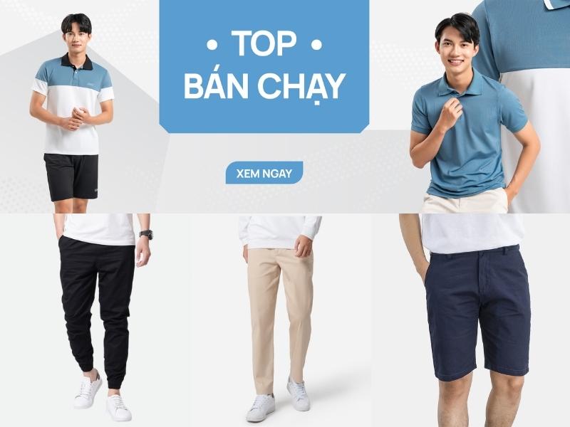Hình ảnh quảng cáo quần áo nam với áo polo và quần các loại, kèm chữ "Top bán chạy" trên nền xanh.