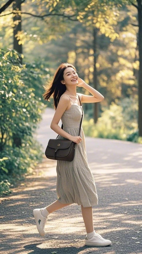 Người phụ nữ mặc váy và giày thể thao đi bộ trên con đường rợp bóng cây trong ánh nắng.