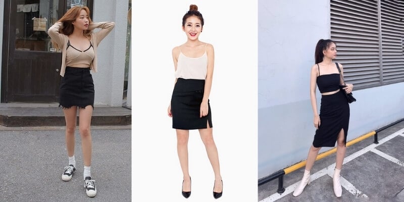 Ba người phụ nữ mặc váy đen kết hợp áo khác nhau, tạo dáng ở các bối cảnh khác nhau.