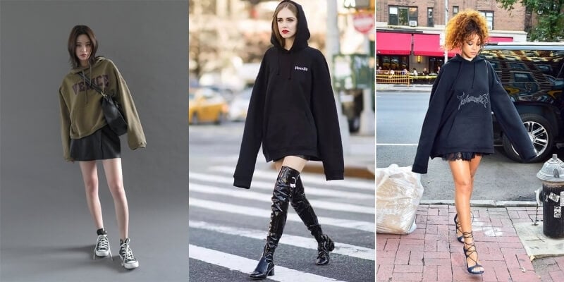 Ba người mặc áo hoodie oversized và váy ngắn, tạo dáng thời trang trên đường phố và trong studio.