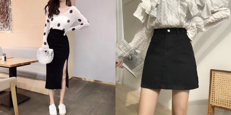 Người mẫu mặc áo trắng họa tiết phối chân váy đen trong hai phong cách khác nhau, đứng trong nhà.