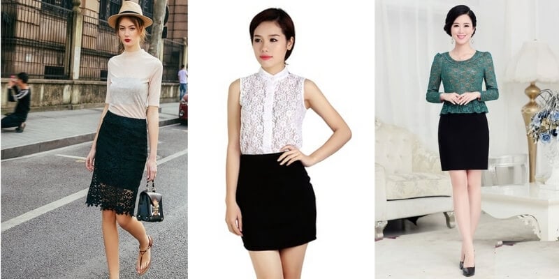 Ba người phụ nữ mặc chân váy đen và áo kiểu khác nhau, đứng ở các bối cảnh khác nhau: đường phố, studio và phòng khách.
