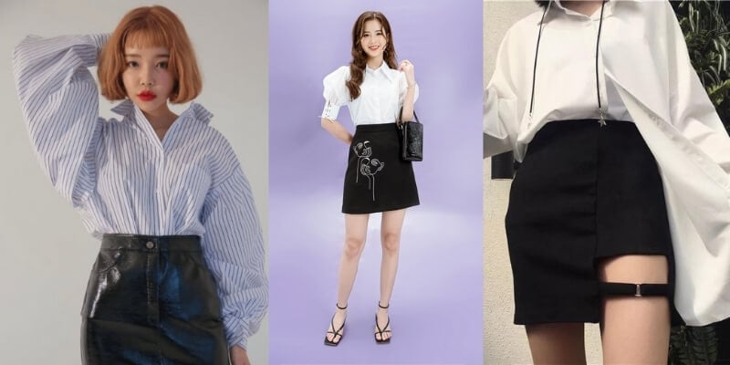 Ba người mặc áo sơ mi trắng phối chân váy đen, thể hiện phong cách thời trang cá nhân khác nhau.