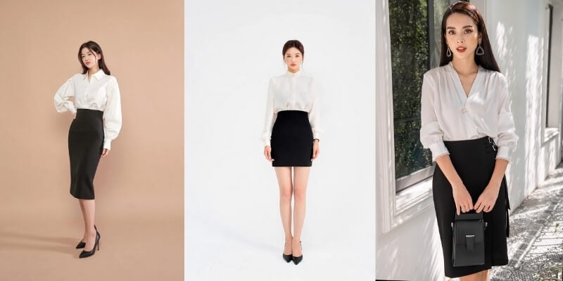 Ba người mẫu mặc áo sơ mi trắng và chân váy đen, tạo dáng trong các bối cảnh khác nhau.
